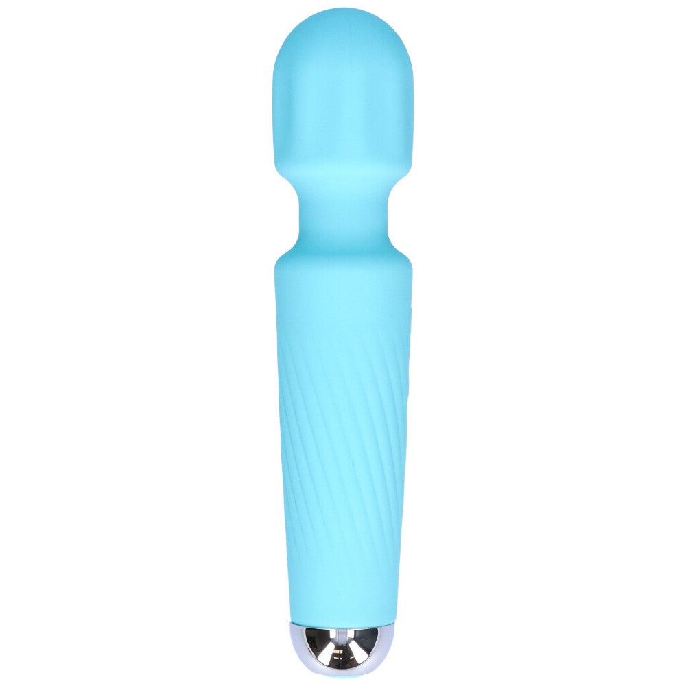 Light blue sex toy massage wand vibrator made of silicone with a shiny silver base rotated to not show its buttons