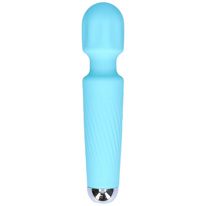 Light blue sex toy massage wand vibrator made of silicone with a shiny silver base rotated to not show its buttons