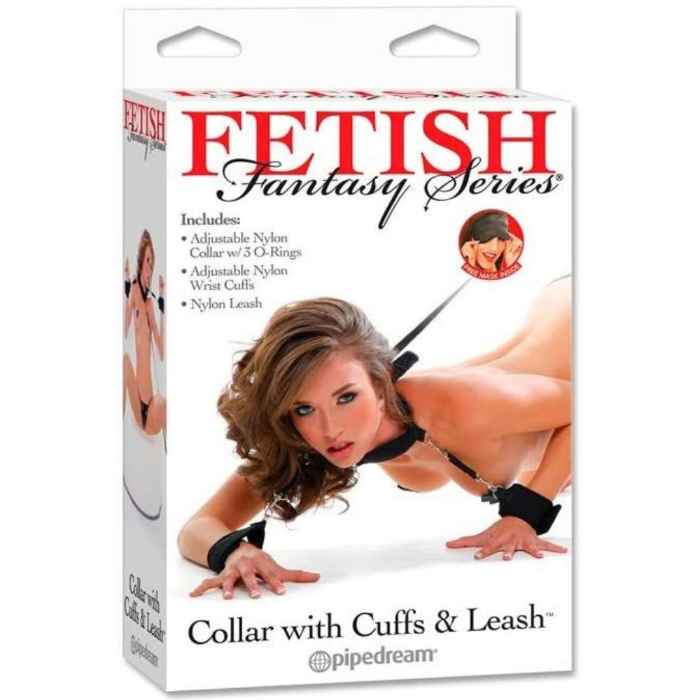 Bondage Collar With Cuffs & Leash | Adjustable Nylon Collar w/ 3 O-Rings, Adjustable Nylon Wrist Cuffs, Nylon Leash