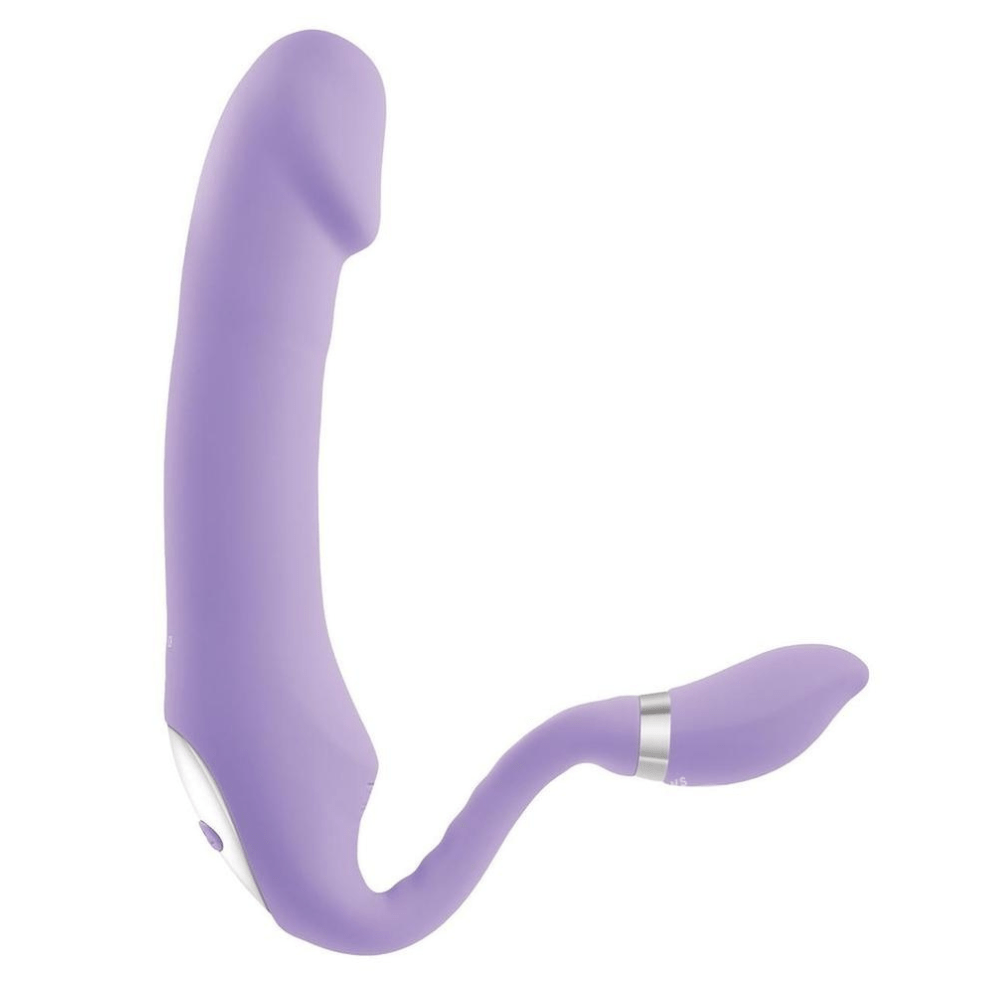 Image displays vibrator and ciltoral stimulator sitting up right.