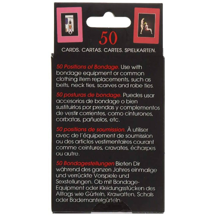 Image of the back of the packaging for the 50 Positions Of Bondage Sex Position Cards. Text reads use with bondage equipment or common clothing item replacements, such as belts, neck ties, scarves, and robe ties