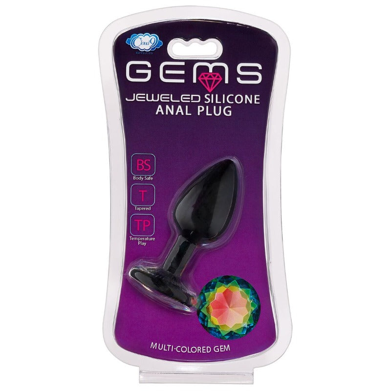 Image of the packaging for the Silicone Jeweled Anal Plug. Text reads Cloud 9 novelties, Gems jeweled silicone anal plug, body safe, tapered, temperature play, multi-colored gem.